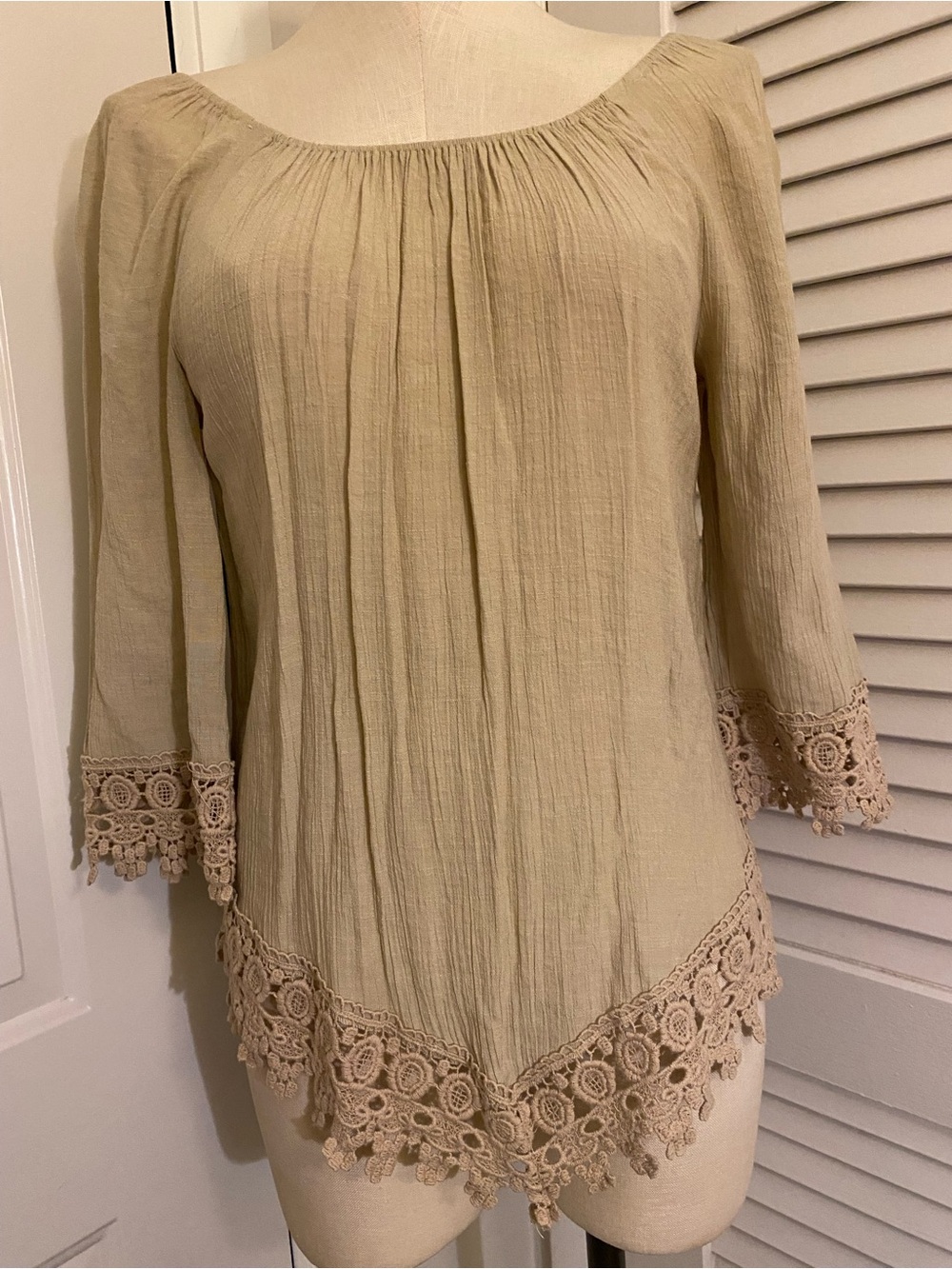 Beige Crochet-Hem Peasant Blouse - Women Tops- Size Small